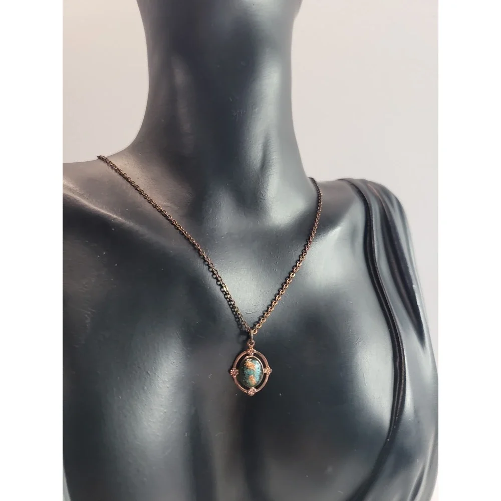 Vintage Cabochon Pendant‎ Necklace Gold Tone Southwest Style Oval Blue